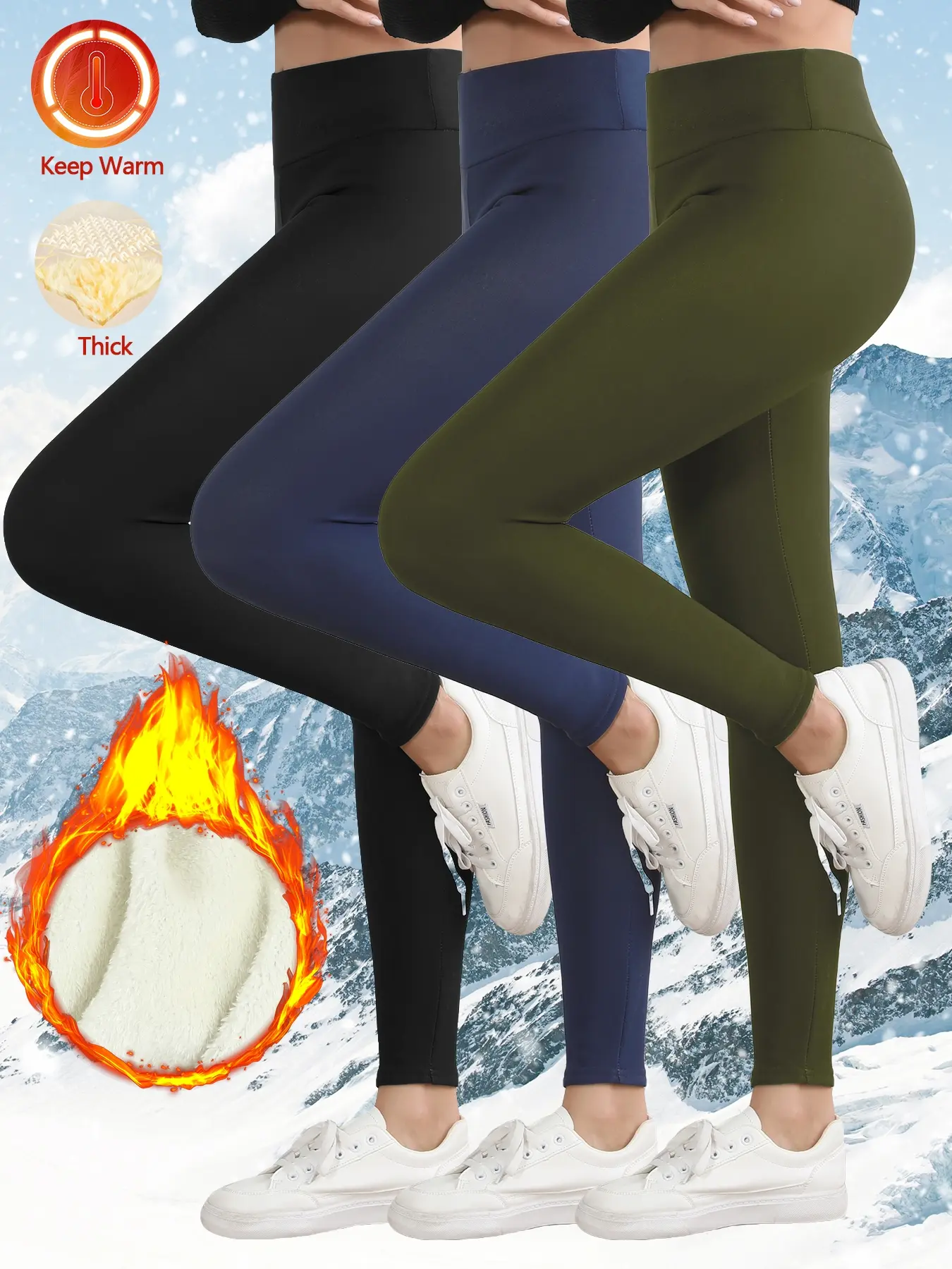 3PCS Women's Fleece Lined Thicken Bottoms Stretchy Leggings, Winter Warm Thermal Fitted Tight Pants, High Waist Casual Comfortable Outerwear Solid, Daily Wear, Fall & Winter