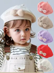 Baby Beret Hat with Cute Bow Design, Knit Hat, Suitable for Newborns to 1-3 Years Old, Girls' Fall & Winter Hair Accessory, Home and Outdoor Use