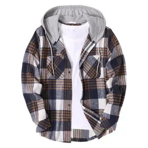 Men'sLightweightFlannelHoodedPlaidShirtJacket-CasualLongSleeveButton-withDrawstrings,FallOuterwearinBrown&BeigeCheckeredPattern,MachineWashable,CasualAttire|StreetwearStyle|VersatileLayering