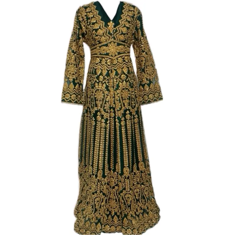 Beautiful Embroidery Three-Piece Kaftan Overall Length 55 Inches Green and Gold Design