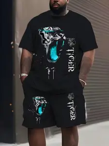 Plus Size Tiger Print Short Set, Blue Flame Tiger Pattern Tee & Track Shorts, Loose Fit Drop Waist, All Seasons Casual Fashion Man, Outfit Clothes