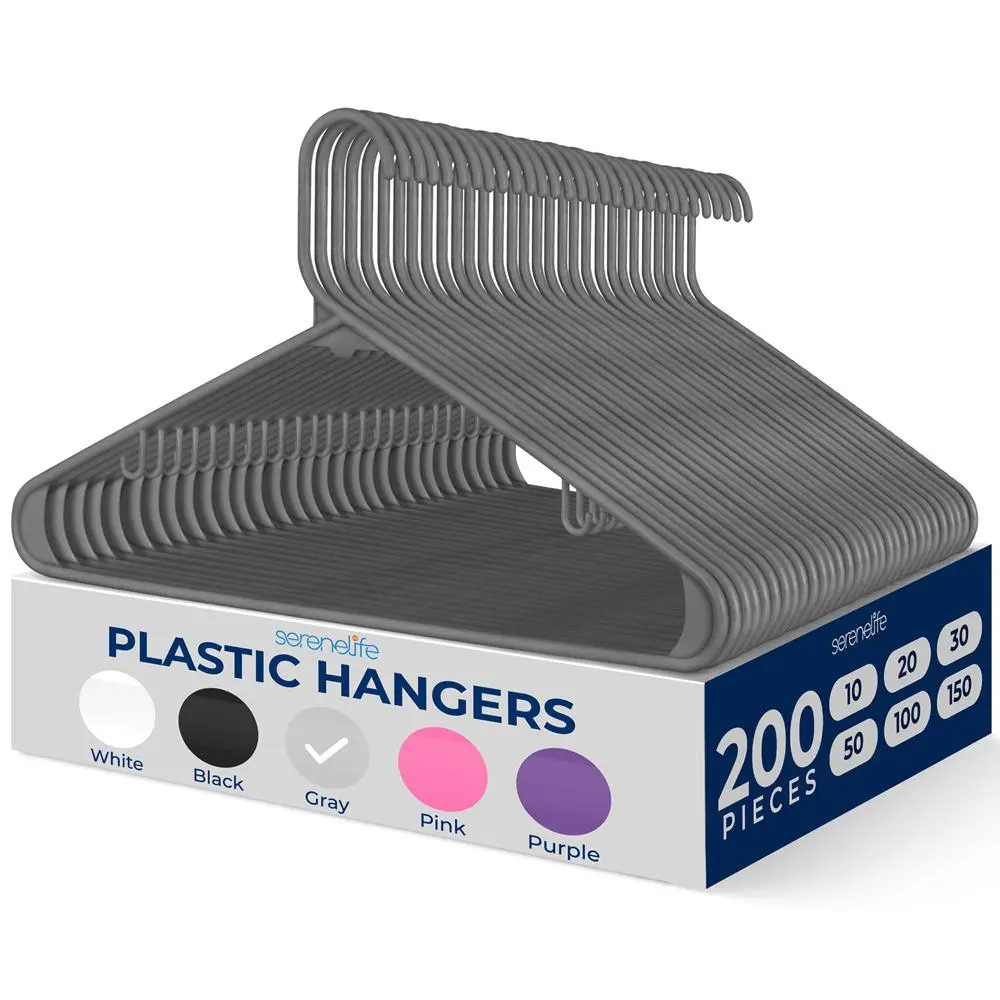 200-Pack Minimalist Recycled ABS Ultra-Thin Plastic Hangers - Grey, 5.5 lbs Heavy-Duty Non-Slip 360-Degree Swivel Hook, Boxed Durable Functional Home Organizer for Shirts, Pants, Household Essentials, Clothes/Coats