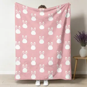 Bunny Rabbit Throw Blanket, Pink Minimalist Flannel Blanket, Soft Cozy Warm Throw, Cute Fluffy Ear Design, Gift for Her Kids Toddler, Aesthetic Nursery Bedroom Living Room Couch Decor