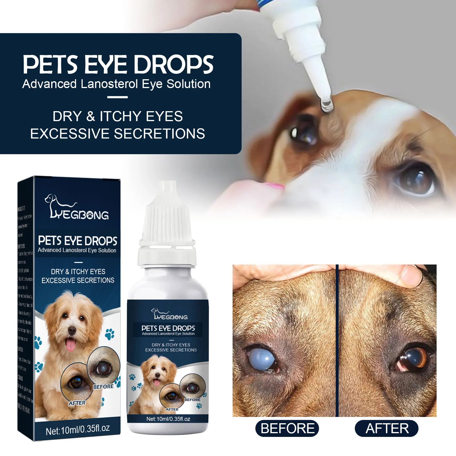 Pet Eye Drops For Dogs & Cats Remove Tear Stains Relieve Itchy Eyes Clean Eye Drops