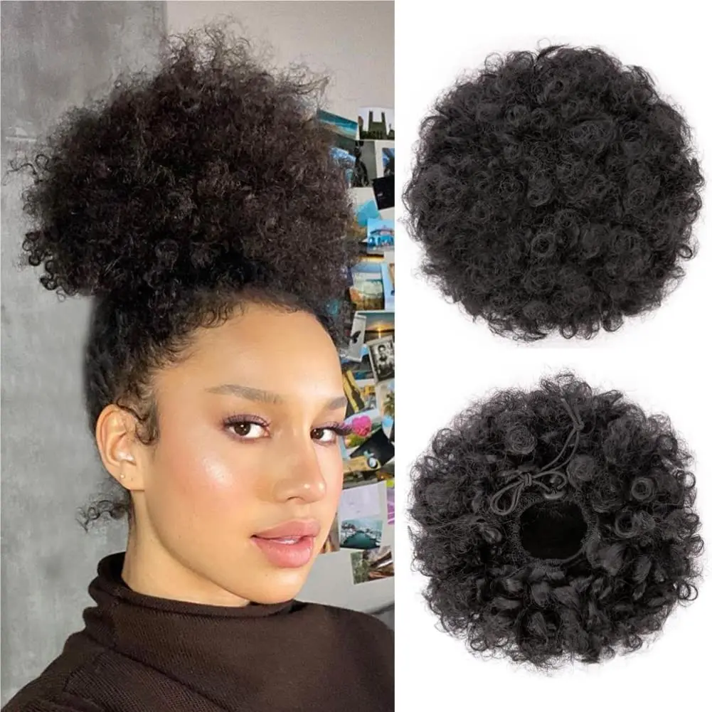 Afro Puff Drawstring Ponytail, Black Curly Afro Bun Extensions Synthetic hair, Short Afro Hairpieces Updo hair for Black Women (Natural Black 1B)