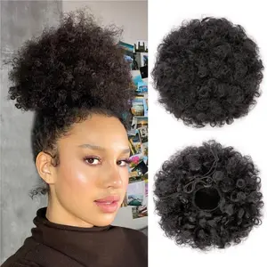Afro Puff Drawstring Ponytail, Black Curly Afro Bun Extensions Synthetic hair, Short Afro Hairpieces Updo hair for Black Women (Natural Black 1B)