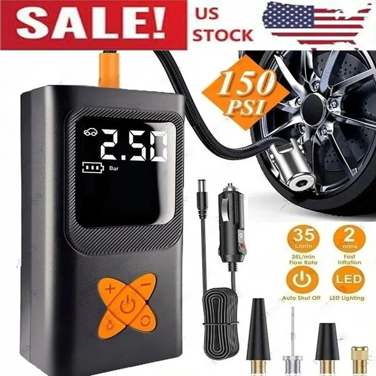 150 PSI Digital Tire Inflator Portable 12V Air Compressor with LED Display, Electric Car Tire Pump with 4 Nozzles for Cars, Motorcycles, Bikes and Inflatables