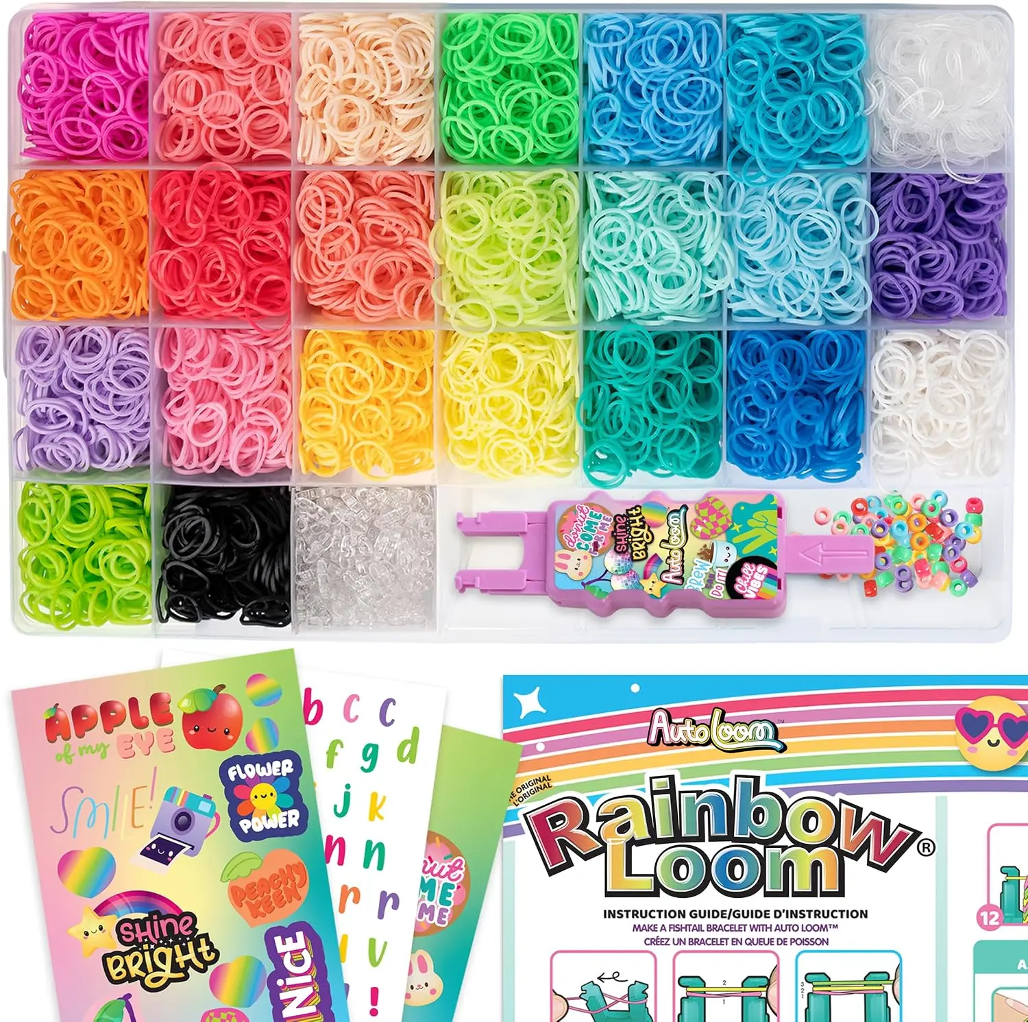 Rainbow Loom AutoLoom Creation Case Kit for Kids+Beginners - 9000 Rubber Bands, 50 Pony Beads, 200 C-Clips, 3 Sticker Art Sheets, Organizer Case for DIY Bracelets & Jewelry Kits