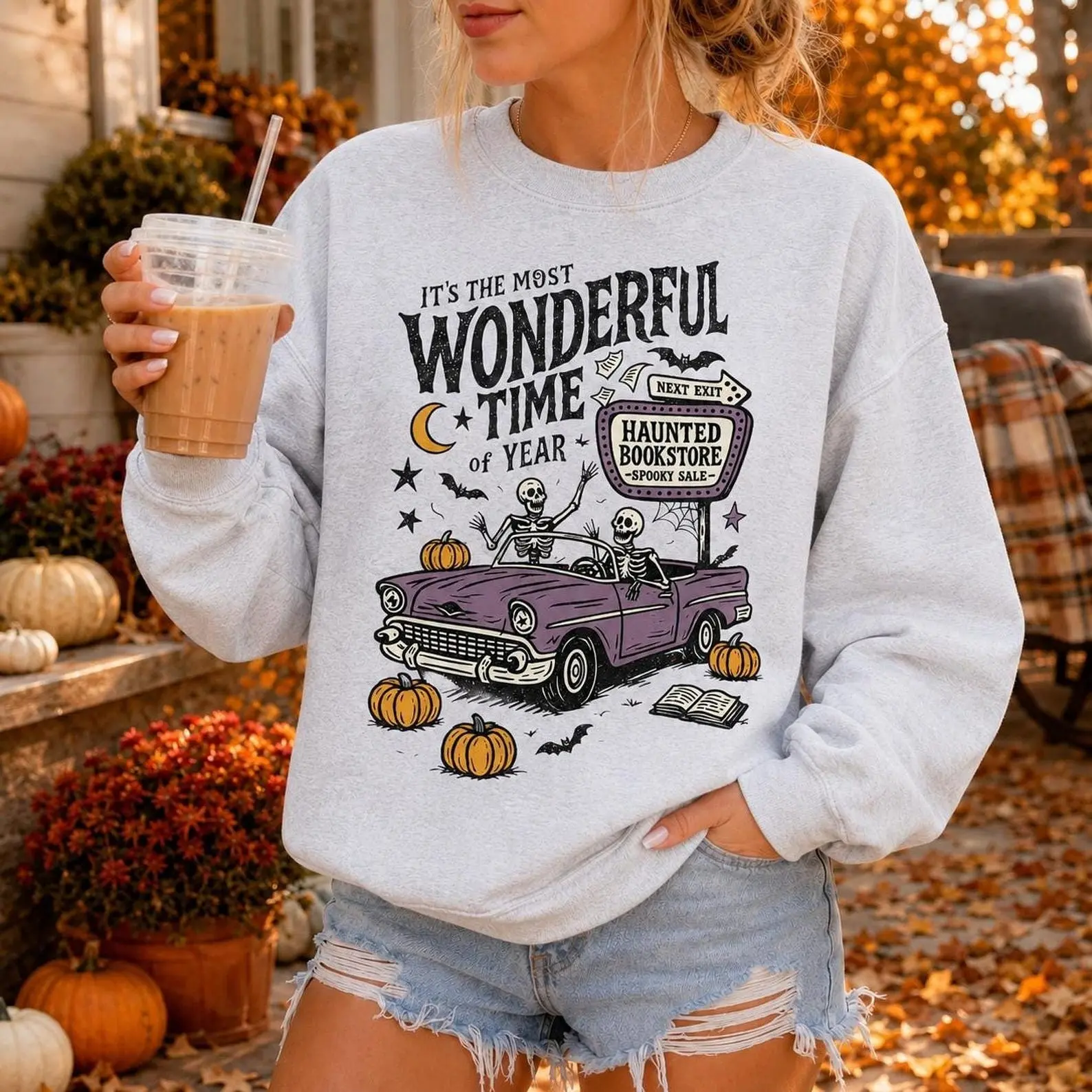 Womens Halloween Sweatshirt Vintage Skeleton Crewneck for Spooky Season Wonderful time of the year Skeleton