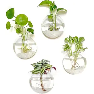 Wall Hanging Glass Planter Propagation Station - 4 Pack Oblate Globe Wall-Mounted Vases for Indoor Hydroponic Air Plants Bathroom Living Room Office Decor Gift for Women, Mom, Plants Lovers