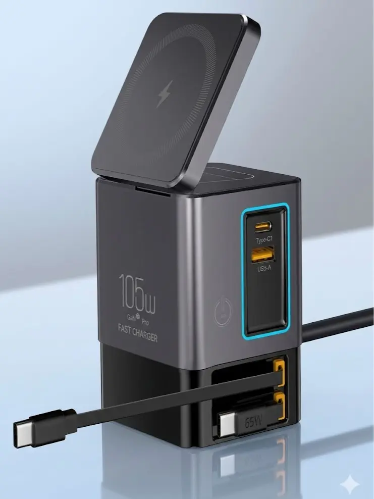 105W 6-in-1 GaN Charging Station with Retractable Cables - Smart Desktop Charger Hub with Magnetic Wireless Pad for iPhone 17/16/15/14, MacBook, iPad, Led Devices, Smartphone, Cellphone, Electronic & Mobile Gadgets