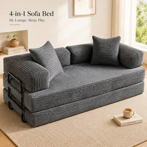POUUIN 4-in-1 Convertible Futon Sofa Bed, 80.5" Corduroy Sleeper Couch, No Assembly Floor Loveseat Lounge with Removable Arm Pillows & Steel Side Support, Gray outdoorfun