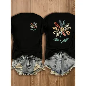 Double-Sided Printing Women'S T-Shirts Women'S -Blend T-Shirts Patriotic Day Independence Day Gifts-Empowering Floral & Inspirational Quotes T-Shirt - Stylish Graphic Design for Motivated Women, Perfect for Cas