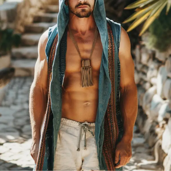 Men's Hoodie - Beach Vibes Menswear Vintage Boho Cloak Sea Blue Outdoor Equip Garment Festival Outfits Vacation Fits Bikini Hoodie Loose Polyester Sweatshirts Tops Beige Plain Tropical