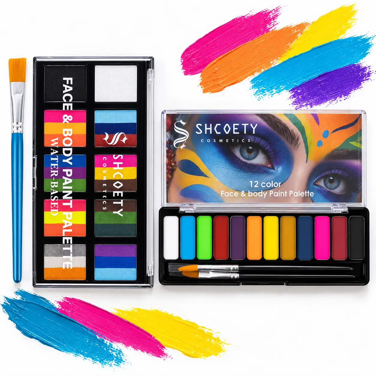 SHCOETY Face & Body Paint Palette Set, 2-Palette Makeup Kit with 24 Color Paints, Rainbow Split Cake Colors & Brushes, Water-Based Halloween Makeup for Cosplay, SFX, Stage, Party & Festival