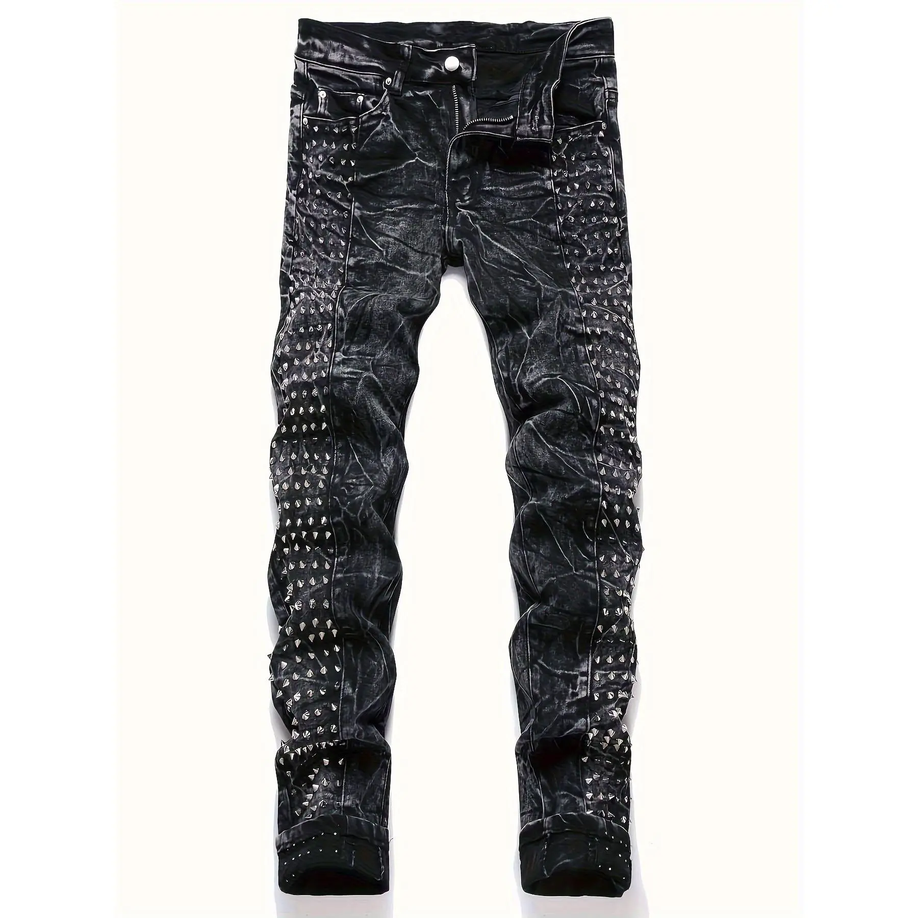 Men's Slim-Fit Rivet-Studded Denim Jeans - Punk Style, Stretch Cotton Blend, Ripped Decoration, Pockets, Black/Beige, Ideal for Nightclubs & Streetwear Menswear Trousers, Pants