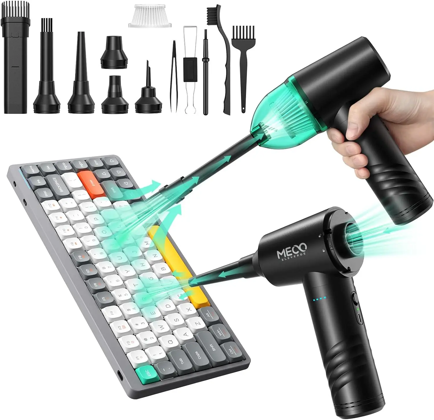 Compressed Air Duster & Mini Vacuum Cleaner 4in1, MECO 3 Gear 110000RPM Electric Air Blower, 13000PA Keyboard Cleaner, Handheld Vacuum Cordless Air Duster for PC/Computer/Keyboard/Sofa/Car, Green