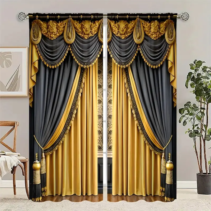 2 pieces of vintage court-style faux curtains with floral decorations, semi-transparent to protect privacy, fade-resistant, easy to clean, suitable for home decoration, Home Decorative Curtain