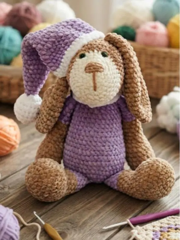 Handmade Crochet Sleepy Puppy Plushie - Cute Soft Plush Dog in Purple Pajamas & Nightcap, Amigurumi Stuffed Animal Toy, Nursery Decor & Birthday Gift for Kids