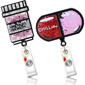 BY-KC31 SP 2 Pcs Nurse Badge Reel Keychain Nurse Shaker Badge Holder Pharmacy Cute Retractable Glitter Nursing ID Pill Bottle Chill Pill with Alligator Clip and Retractable Cord for Doctor