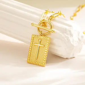 New Retro Seal Gold Cross Necklace Personalized Stud Lock Bone Chain Clavicle Chain Daily Versatile Niche Eye-catching Neck Jewelry Birthday Gift for Girlfriend Best Friend Retro Style V018