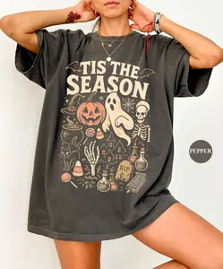 Comfort Colors Tis The Season Halloween T Shirt, Vintage Skeleton Pumpkin Ghost Tee, Retro Y2K Halloween Graphic Shirt, Spooky Season Outfit