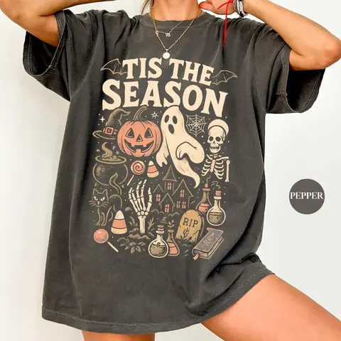 Comfort Colors Tis The Season Halloween T Shirt, Vintage Skeleton Pumpkin Ghost Tee, Retro Y2K Halloween Graphic Shirt, Spooky Season Outfit