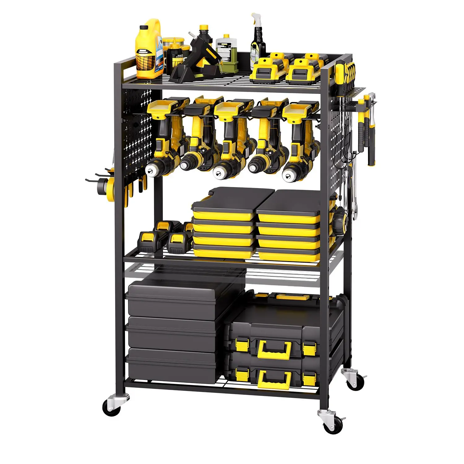 【DealsForYouDays】VEVOR 4-tier Tool Organizer Cart, 150 lbs Load Capacity, Floor Stand Rolling Drill Holder and Stability Storage Rack, Heavy Duty Garage Floor Rolling Storage Cart for Workshop, Garage, Black, Power Tool Organizer, Multi-Tier Utility Carts