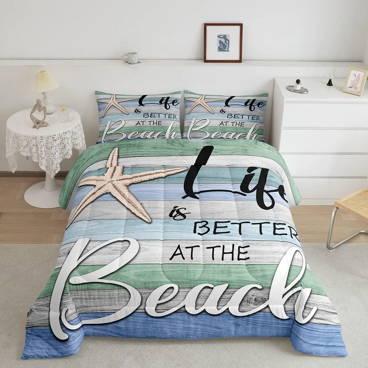 Feelyou Microfiber Coastal Bedroom Bedding Set - Beach Theme Comforter, Cute Starfish Design, Vintage Rustic Farmhouse Striped Quilt, Sea Ocean Sealife Duvet Set, Microfiber Bedding Set