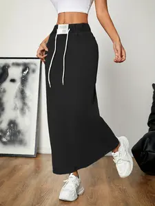 Women's Casual Stretch Mid Rise Long Denim Skirt Women Pull On Mid-Length Streetwear Denim A Line Skirt with Drawstring Womenswear Bottom Basic Blue Cotton Fabric