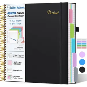 5 Subject Notebook College Ruled,80GSM Paper Thick Hardcover Spiral Notebook Lined Journal with Removable Dividers Tabs,400pages 8.5"x11" Paper Large Notebooks for School Work,3-Hole Punched, Black