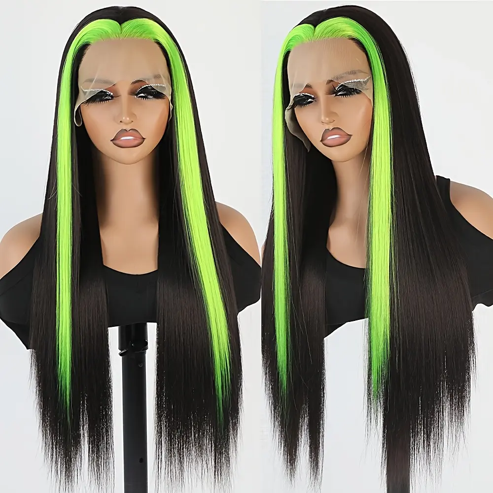 Women's 26" Long Straight 13x4 Lace Front Wig - Neon Green & Black Ombre Skunk Stripe - Heat Resistant Synthetic Fiber Wigs - Comfortable, Durable for Daily Wear, Themed Events, Heat Resistant Wig