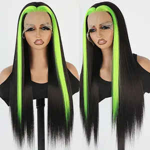 Women's 26" Long Straight Lace Front Wig with Neon Green & Black Ombre Highlights - Heat  Synthetic Fiber Hair - Skunk Stripe Style for Daily Wear, Themed Events, Costume Parties - Comfortable & Durable- Elegant13x4 Lace Front Wig
