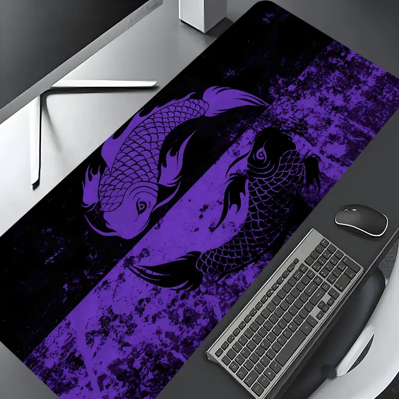 Dream Purple Koi Fish Yin and Yang Design Large Gaming Mouse Pad, Japanese Ink Painting Desktop Protection, Washable Rubber Non-Slip Lock Edge Multi-Size, For Home Office, Gift for Family and friends, Gaming Desk Accessory, Desk Accessories