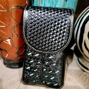 Cross Western Phone holster texas style genuine leather lasercut pattern black and teal color magnetic closure Cover Protective Screen Protector Cellphone Protection Durable Smartphone Casing