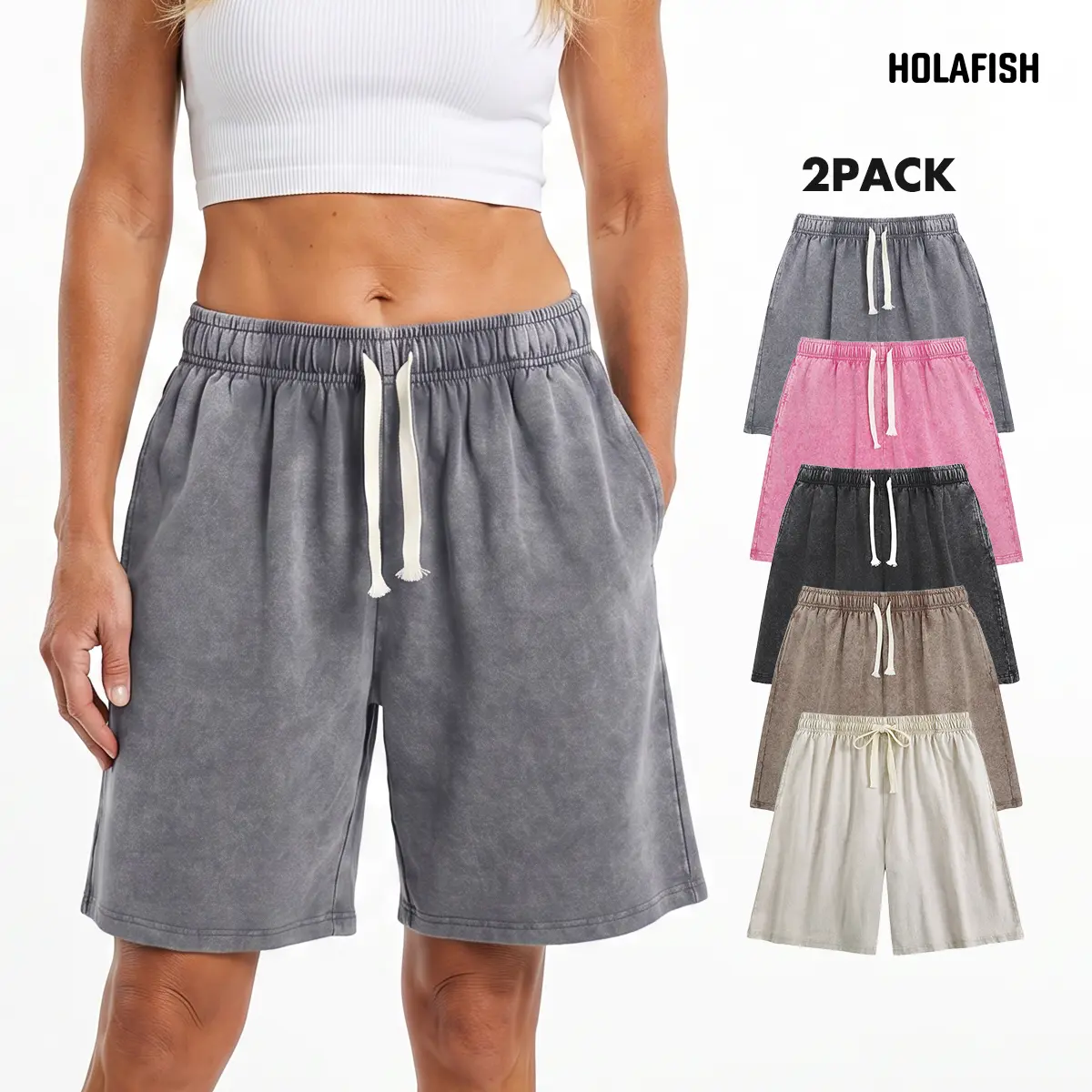 Holafish 2Pack Acid Washed Womens Shorts 7" Inseam Shorts Athletic Vintage Short Acid Washed Shorts Cotton Heavyweight Elastic Waist Streetwear Sweatpants Unisex Design, Perfect for Men & Women