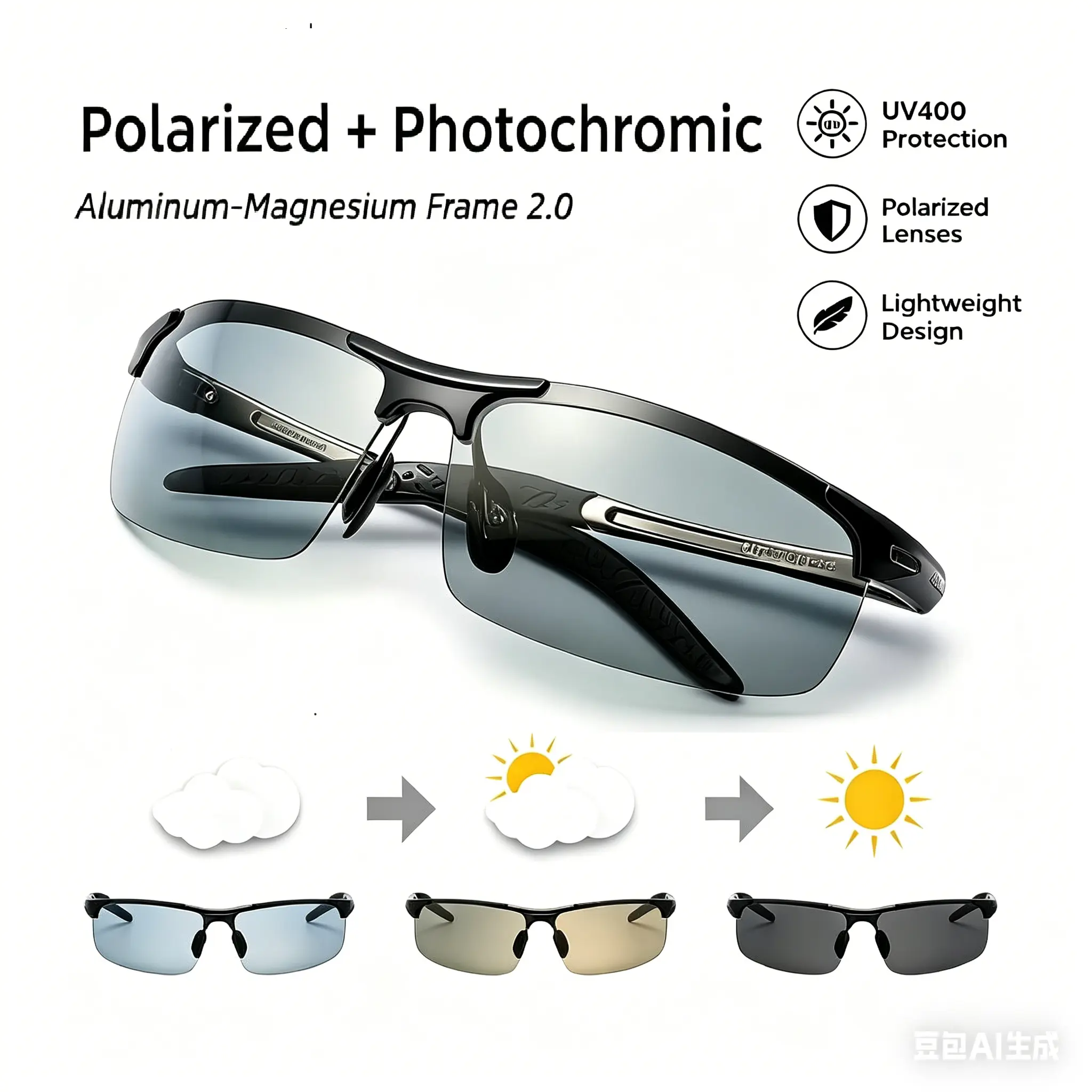 PALESHY High-Definition Photochromic Polarized Sunglasses, Smart Transition Lenses for Long-Distance Clarity, Enhanced Depth Perception UV400 Protection, Lightweight Al-Mg Frame for Driving & Outdoor Sports