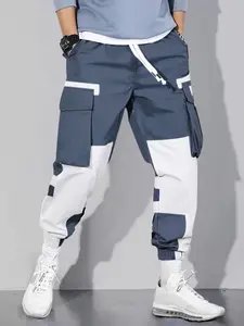 Men's Multi-Pocket Jogger Pants, Casual Colorblock Pattern Comfortable Leisure Pants, Waist Drawstring Design, Stylish & Practical, Casual Sports Trousers