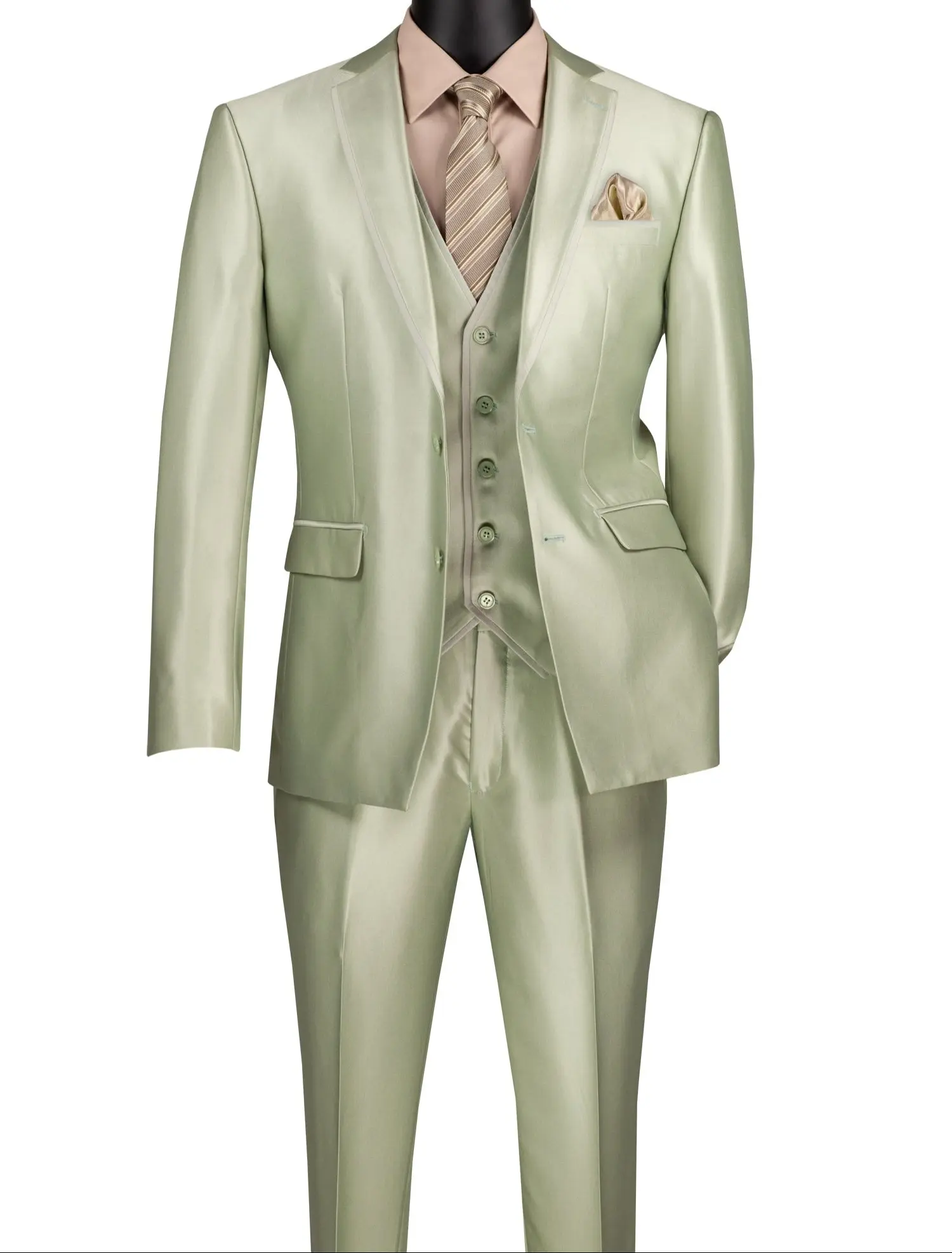 Men’s 3-Piece Satin Look Slim Fit Suit with Fancy Vest - Light Sage