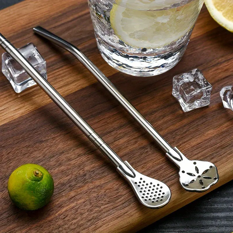 2pcs Stainless Steel Dual-Purpose Straw Spoon - Extended Drinking Straw, Metal For Milk Tea Stirring & Filtering