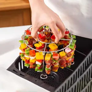 Stainless Steel Air Fryer Grill Rack, Holds 24 Skewers Hanging Grill Rack, Round Hanging Skewer Rack, Household Meat Skewer Rack, No Flipping Needed, Even Heating, Detachable and Easy to Clean