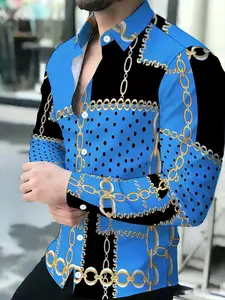Men's Long Sleeve Shirt with Blue Chain Pattern, Fashionable Personalized Splicing Design, Fashion Casual Style, Simple Trendy Top