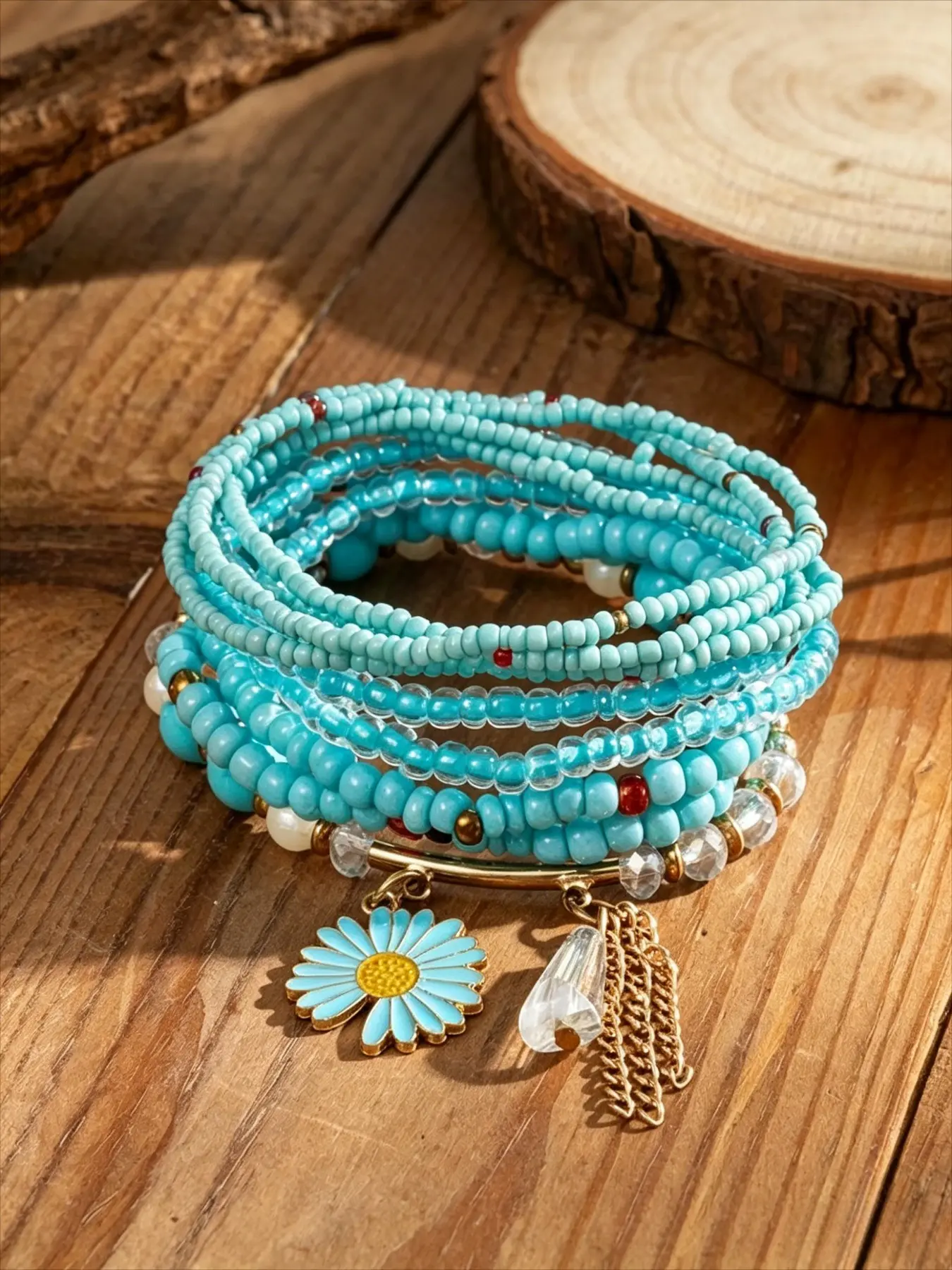 9-Piece Bohemian Artificial Crystal Beaded Daisy Fringe Stackable Bracelets Set, Ethnic Style Boho Style Bracelet Party Wedding Hand Jewelry, Stacked Design Bracelets Stacking Bracelet