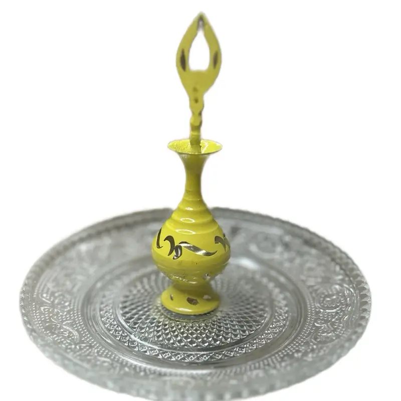 Arabic Vintage Brass Bottle with Yellow Design and Decorative Base