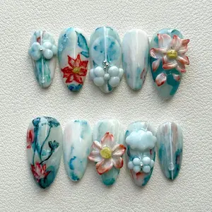 Limited Edition Nail Set with Lotus Flower, Chinese Inspired Nail Art, Dreamy Nails, 3D Nail Art, Canival Nail Set, Floral Nail Designs.