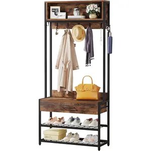 Tribesigns 3-in-1 Entryway Hall Tree with Drawer, Vintage Industrial Coat Rack with Shoe Bench and Hutch, Mudroom Bench with Shoe Storage rack and 9 Hooks for Living Room Bedroom, Standing Shelf