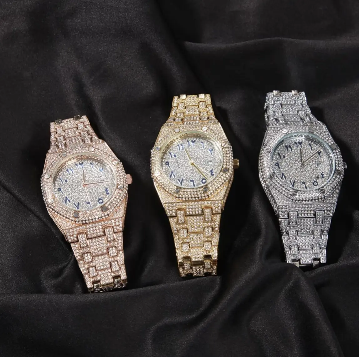 Luxury Watch Collection - Three Elegant Timepieces in Gold, Rose Gold, and Silver with Sparkling Details
