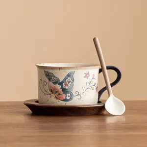 Elegant Gift Set Blue and White Flint Red Painted Gold Butterfly Love Flower Coffee Cup Walnut Plate Porcelain Spoon in Gift Box