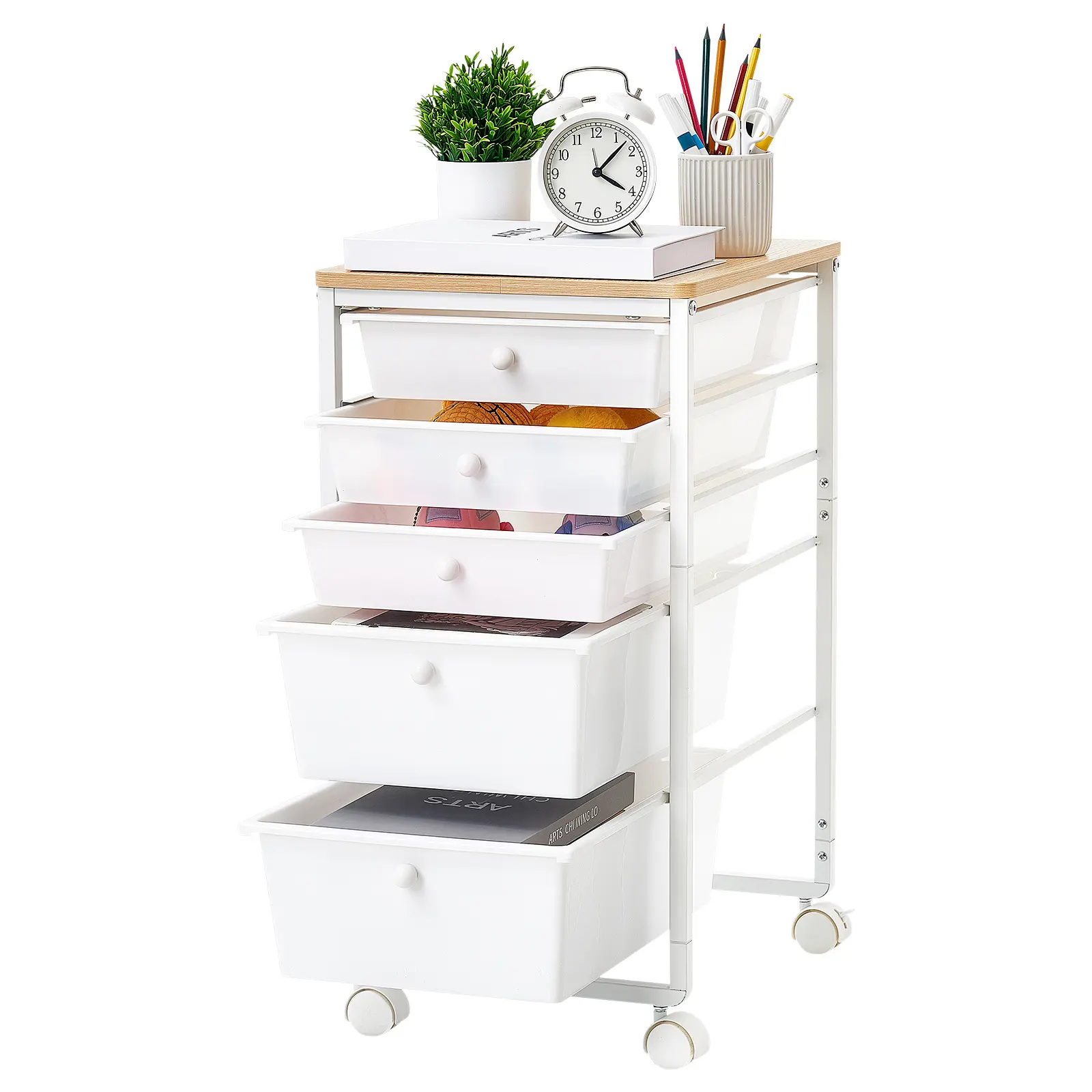 VEVOR 5-Drawer Rolling Storage Cart with Sturdy Steel Frame, Wood Top, Smooth Slides, Universal Casters with Lock Brakes & Racks, Mobile Home/Office Utility Organizer, White
