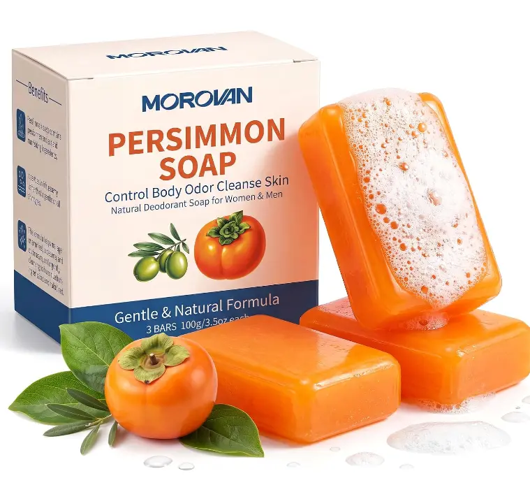 Morovan Persimmon Soap for Body Odor Control - Old People Smell Cleansr | 3 Bars Natural Persimmon Bar Soap for Skin Care, Effective Odor Control for All Skin Types & Sensitive Skin